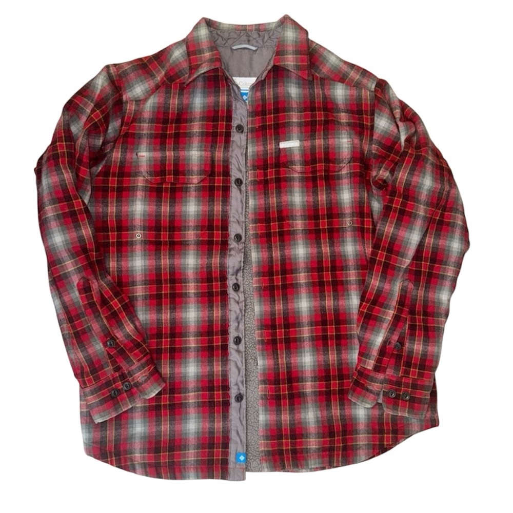 Columbia Red and Gray Plaid Sherpa Flannel Button Jacket